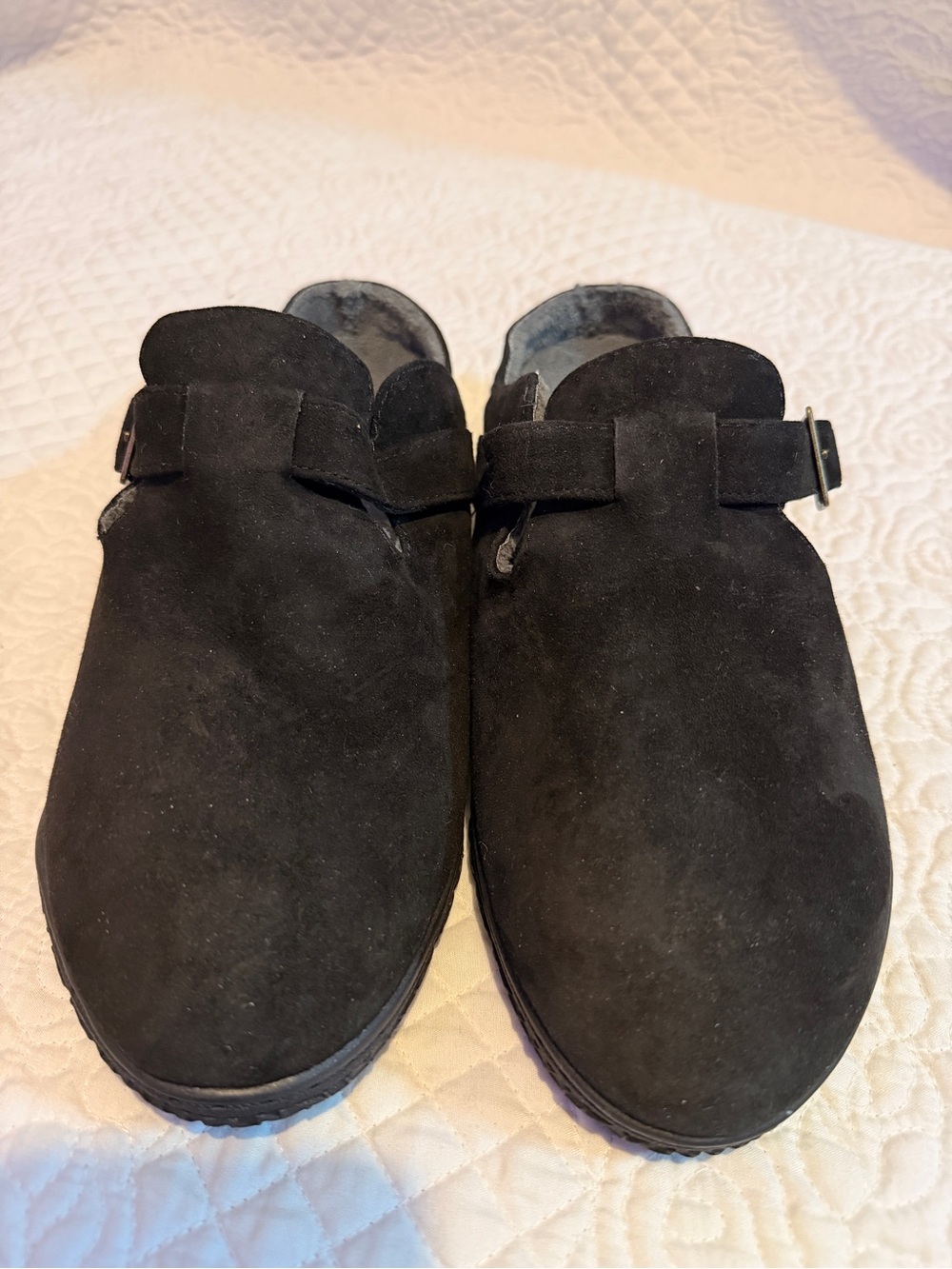 David Tate Black Suede Slip-On Clogs with Buckle Strap